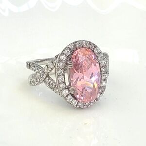 STUNNING Vintage Sterling Silver Pink Sapphire Rhinestone Crystal Cocktail Ring